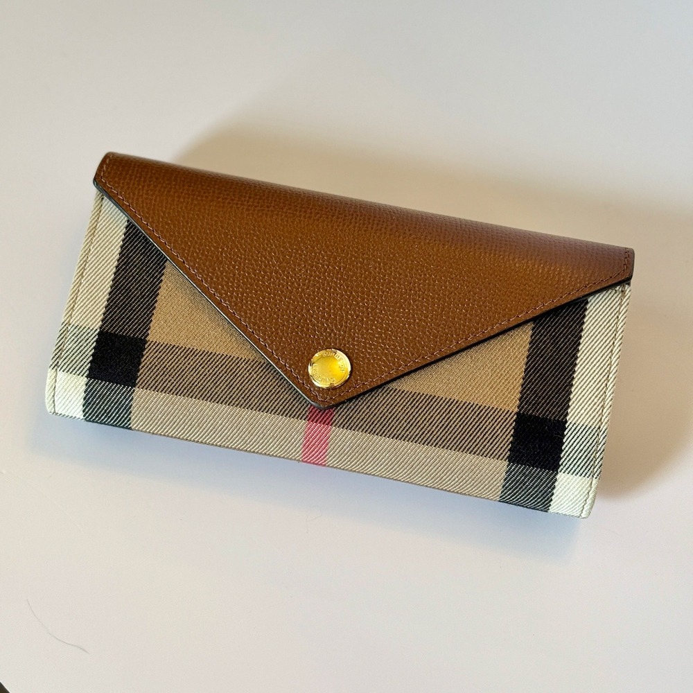 Burberry Classic Check Leather Envelope Continental Wallet Tan Beige Gold Snap - Picture 5 of 9